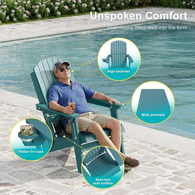 HDPE Foldable Adirondack Outdoor Chair with Cup Holder, Weather Resistant Heavy-Duty Patio Chair for Patio, Backyard, Deck, Fire Pit, Lawn and Porch, Lake Blue