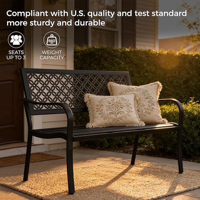 Grand patio 50" Outdoor Bench, Garden Benches with Anti-Rust Metal Powder Coated Frame, Patio Bench for Front Porch Park Outside Furniture Decor, Black