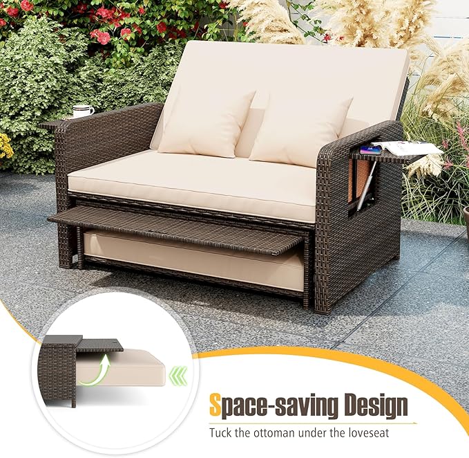 LDAILY Moccha Outdoor Daybed, Wicker Loveseat Sofa Set with 4-Postion Adjustable Backrest, Storage Ottoman, Cushions - Photo 6