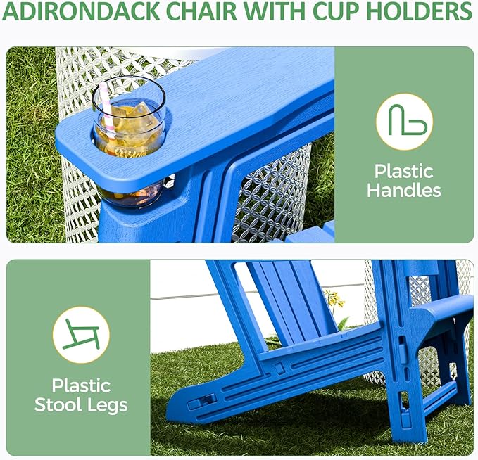 Adirondack Chairs Set of 2, Plastic Outdoor Adirondack Chair with Cup Holder, 400 LBS Capacity Recliner Chair Garden Chair for Patio Backyard Lawn Beach, Klein Blue