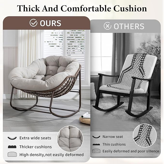 Large Indoor Outdoor Rocking Chair, Oversized Rocking Papasan Chair with Thick Cushion and Frame Outdoor Rocker, Comfy Wicker Egg Chairs Lounge for Outside Porch Patio Backyard (Beige, Set of 2)