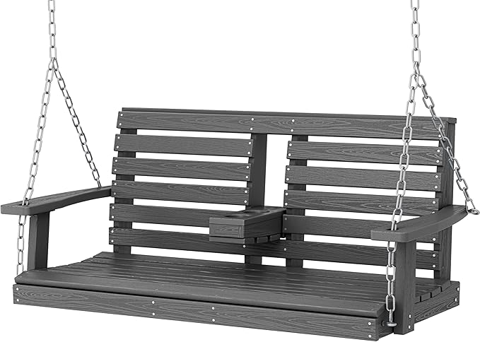 KINGYES Outdoor Hanging Porch Swing, 2 Seat Patio Chair With Cup Holders, Waterproof Bench for Courtyard & Garden - Photo 1