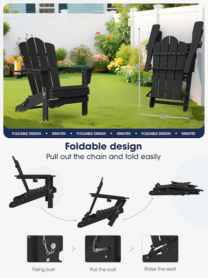 KINGYES Folding Adirondack Chair, HDPE All-Weather Patio Chairs with Cup Holder, Wooden Textured Fire Pit Chairs for Poolside, Backyard, Deck, Black