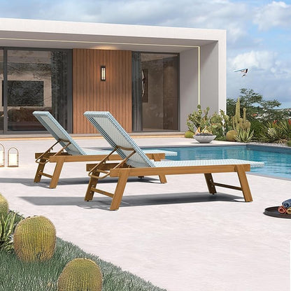 PURPLE LEAF Extra Large Patio Chaise Lounge 2 Pieces French Outdoor Wicker Lounger Matte Teak Aluminum Frame 771LBS Capacity PE Rattan Adjustable Backrest for Pool Garden Beach Backyard Light Blue