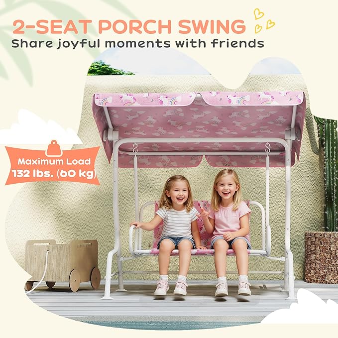 Qaba Kids Patio Swing, 2-Seater Outdoor Porch Swing Chair with Adjustable Canopy, Safety Belt, Unicorn & Rainbow Pattern Hanging Swing Bench for Garden, Backyard, Pink