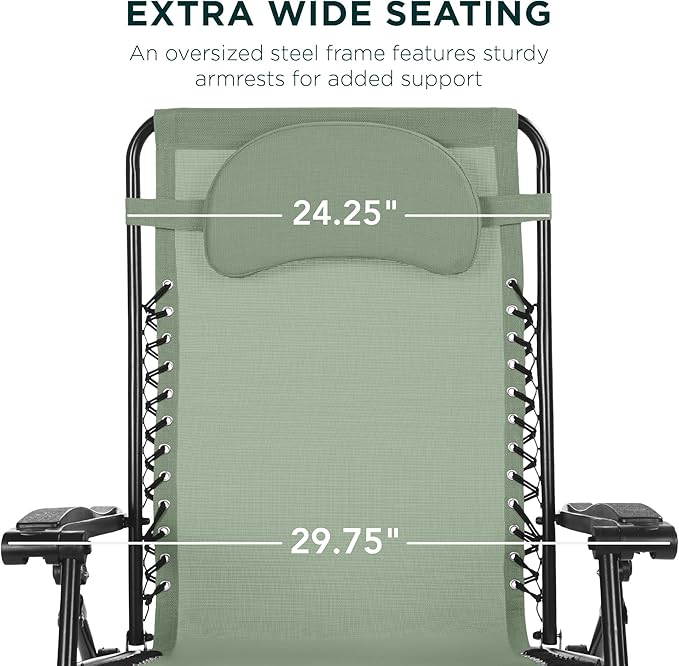 Best Choice Products Oversized Zero Gravity Chair, Folding Outdoor Patio Lounge Recliner w/Cup Holder Accessory Tray, Pillow - Sage Green