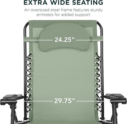 Best Choice Products Oversized Zero Gravity Chair, Folding Outdoor Patio Lounge Recliner w/Cup Holder Accessory Tray, Pillow - Sage Green