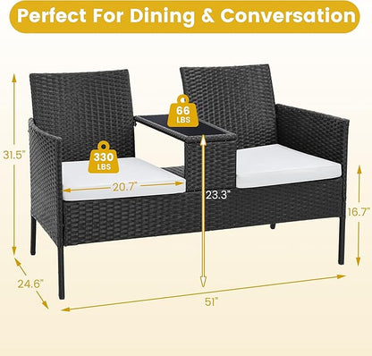 Kromax Wicker 2 Seat Patio Loveseat, Outdoor Rattan Loveseat with Table, Washable Cushion Covers, Backyard, Garden, Lawn, Black Rattan with White Cushion