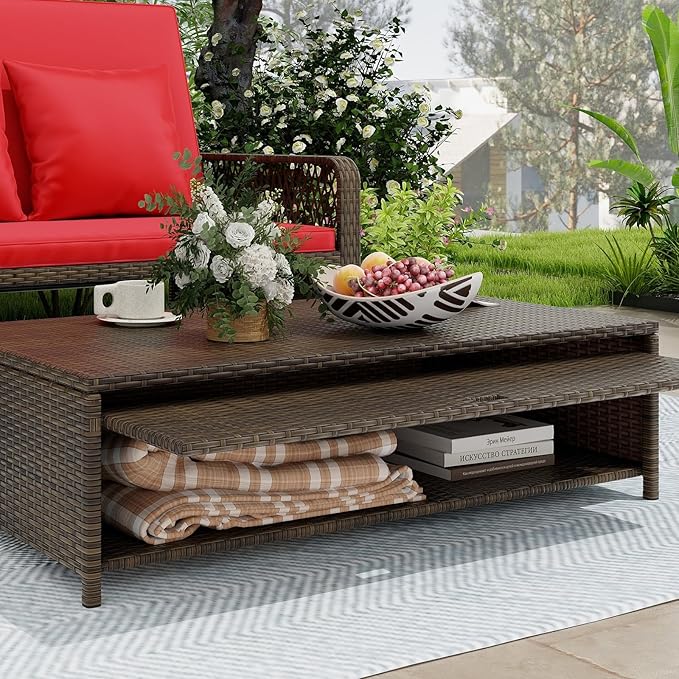 LDAILY Moccha Outdoor Daybed, PE Rattan Double Chaise Lounge w/ 4-Level Adjustable Back, Storage Ottoman, Cushions & Pillows, Separated Seating, Wicker Sunbed for Garden Patio Furniture Set (Red)