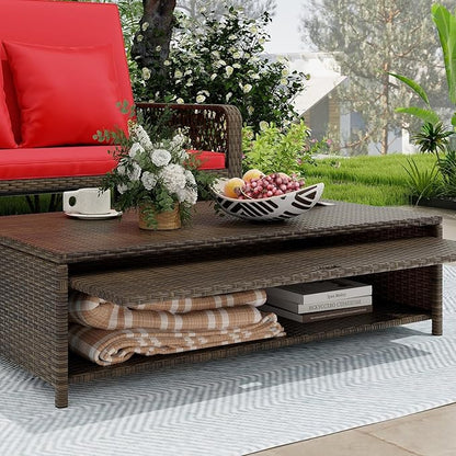 LDAILY Moccha Outdoor Daybed, PE Rattan Double Chaise Lounge w/ 4-Level Adjustable Back, Storage Ottoman, Cushions & Pillows, Separated Seating, Wicker Sunbed for Garden Patio Furniture Set (Red)