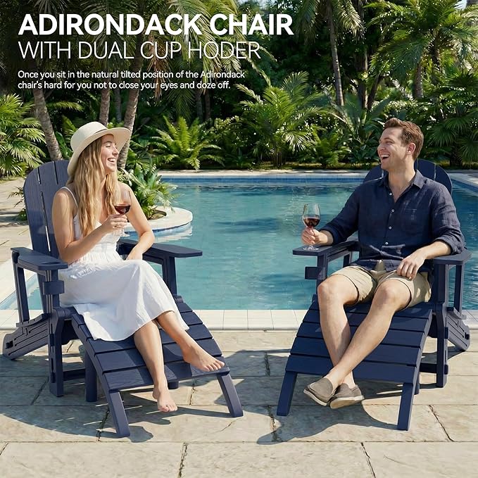 Vongrasig Adirondack Chairs Set of 2 with Removable Tabletop and Footrest, All-Weather HDPE Outdoor Chair Set with Wooden Textured, Cup Holder for Patio, Poolside, Deck, Garden, Dark Blue