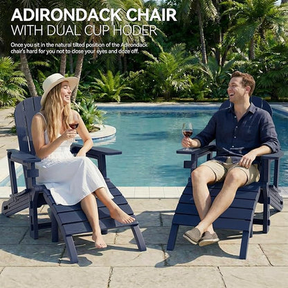 Vongrasig Adirondack Chairs Set of 2 with Removable Tabletop and Footrest, All-Weather HDPE Outdoor Chair Set with Wooden Textured, Cup Holder for Patio, Poolside, Deck, Garden, Dark Blue