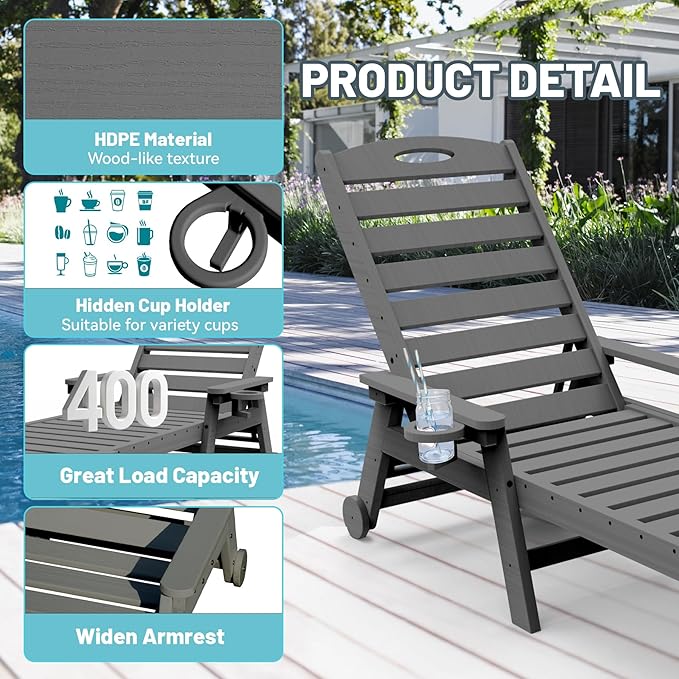 Outdoor Lounge Chairs, 78'' Long Patio Lounge Chair HDPE 5-Position Adjustable with Cup Holder & Rolling Wheels, Pool Lounge Chair for Sunbathing Tanning, Deck, Poolside -Grey