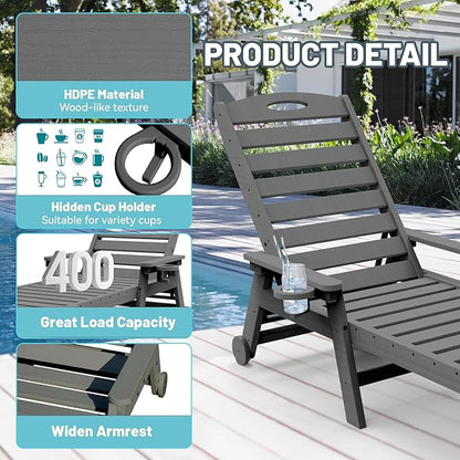 Outdoor Lounge Chairs, 78'' Long Patio Lounge Chair HDPE 5-Position Adjustable with Cup Holder & Rolling Wheels, Pool Lounge Chair for Sunbathing Tanning, Deck, Poolside -Grey