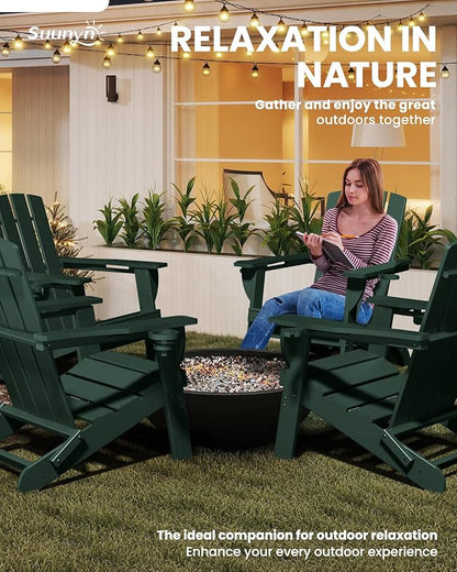 Folding Adirondack Chair, HDPE All-Weather Fire Pit Chairs, Plastic Adirondack Chairs with 2 Cup Holder, Outdoor Lawn Chair for Patio Garden (Green)