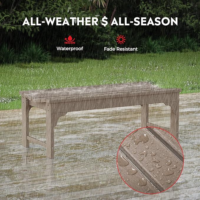 Costaelm Outdoor Benches Weatherproof, All Weather Resistant Park Bench Poly Lumber Backless Garden Bench Seat for Entryway Front Porch, Weathered Wood