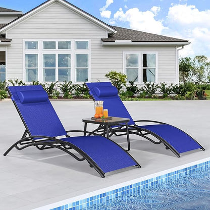 YITAHOME Outdoor Chaise Lounge Chair Set of 3, Pool Lounge Chairs with Side Table & 5-Position Adjustable Backrest, Sunbathing Recliner for Poolside, Backyard, Lawn, Deck - Navy