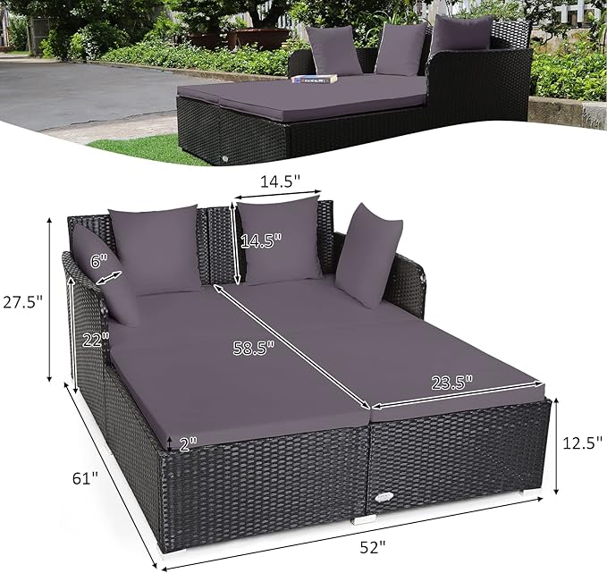 COSTWAY Outdoor Patio Rattan Daybed, Sponge Cushioned Loveseat Sofa with 4 Pillows, Wicker Furniture Sunbed for Balcony - Photo 3