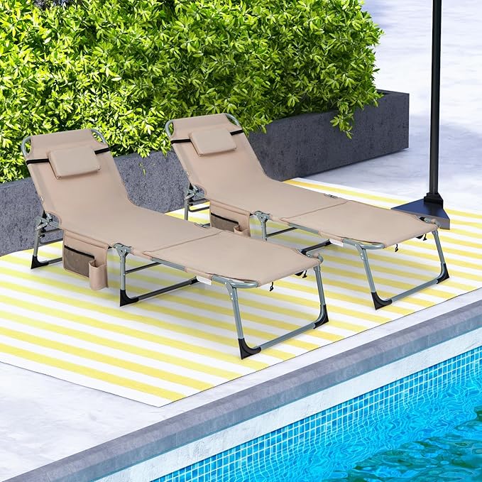 Tangkula Beach Lounge Chair, Outdoor Folding Tanning Chair with Face/Arm Hole, 2 Carry Handle, Pillow - Photo 2