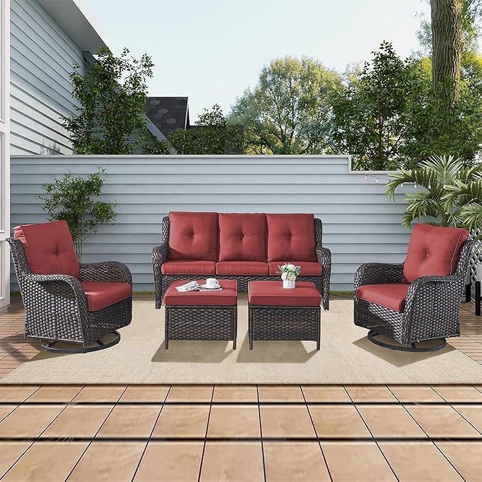 Rilyson Wicker Patio Furniture Set - 5 Piece Rattan Outdoor Sectional Conversation Sets with 2 Rocking Swivel Chairs - Photo 7