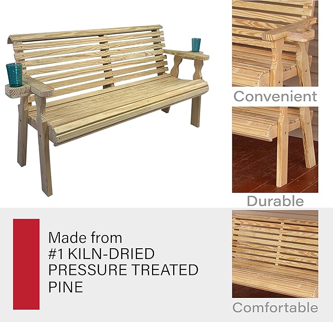 Amish Casual Heavy Duty Pressure Treated 4 Foot Outdoor Garden Bench with Cup Holders - Amish Crafted Roll Back Design in Unfinished, 700 Lb Weight Capacity