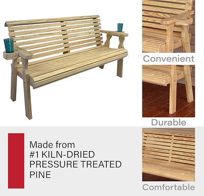 Amish Casual Heavy Duty Pressure Treated 4 Foot Outdoor Garden Bench with Cup Holders - Amish Crafted Roll Back Design in Unfinished, 700 Lb Weight Capacity