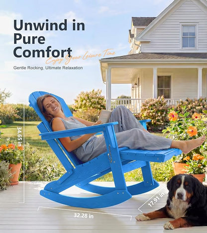 PASAMIC Adirondack Rocking Chairs Set of 2, Foldable All-Weather HDPE Patio Rockers with Retractable Ottoman & Cup Holder, Outdoor Chairs for Porch Backyard Pool Garden Balcony, Blue