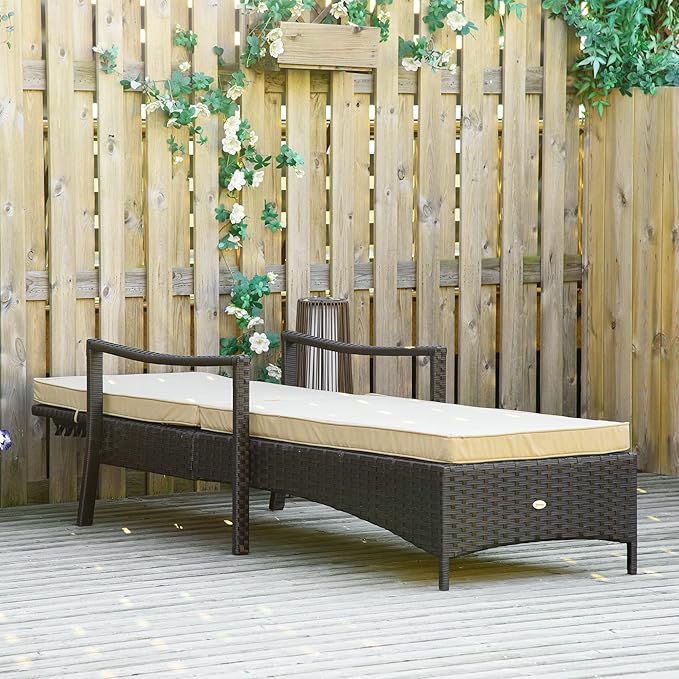 Outsunny Wicker Chaise Lounge, 4 Position Adjustable Backrest and Cushions Outdoor Lounge Chair PE Rattan Sun Lounger for Poolside, Balcony or Garden, Beige