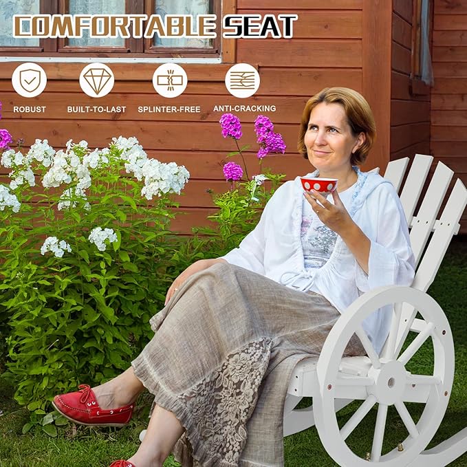 Outvita Adirondack Rocking Chair, Wood Wagon Rocker, Outdoor Wooden Carbonized Lounge Chairs with Wheel Armrest for Garden Patio Country Yard Porch(White)