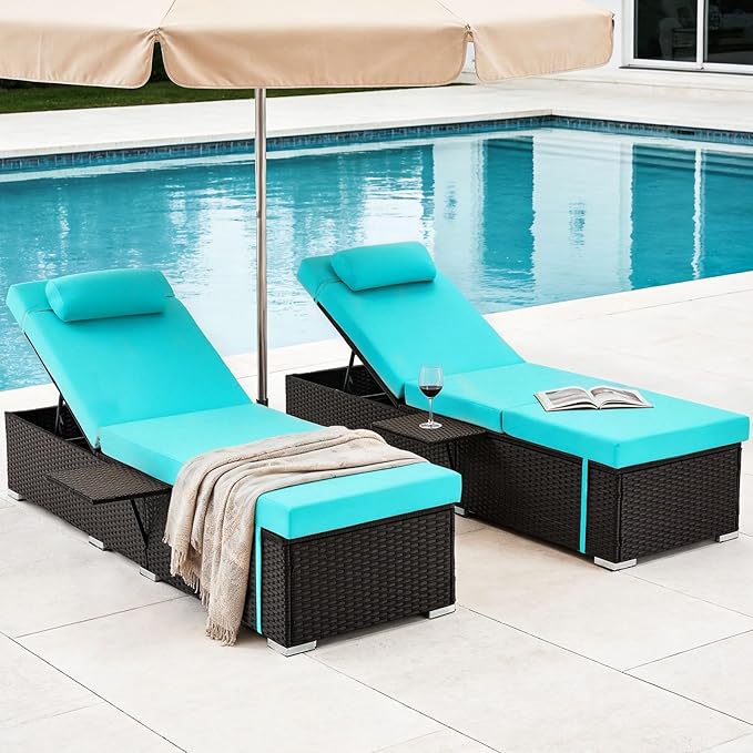 Outdoor Chaise Lounge with Adjustable Backrest Set of 2, 6-Position Reclining Lounger Pool Chair, Thick 3-Inch Cushion & Side Tray, All-Weather PE Wicker for Outdoor, Backyard, Deck (Blue)