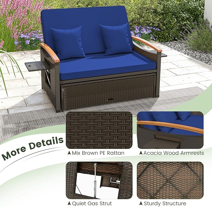 LDAILY Moccha Outdoor Wicker Daybed, Patio Rattan Loveseat Sofa w/ 4-Level Adjustable Backrest, Folding Panels, Storage Ottoman & Cushions, Lounge Furniture Set for Poolside Backyard Porch (Navy)