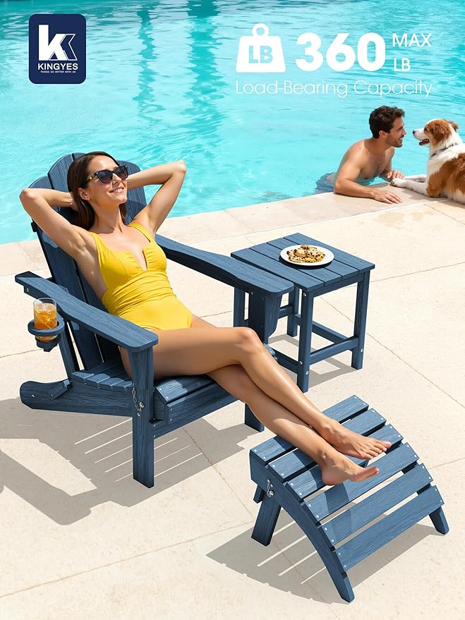 KINGYES Folding Adirondack Chair Set of 6, HDPE All-Weather Patio Chairs with Cup Holder, Wooden Textured Fire Pit Chairs for Poolside, Backyard, Deck, Navy