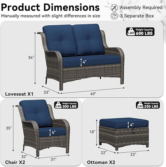 5 Piece Outdoor Wicker Patio Furniture Set, Patio Chairs Set with Thickened Olefin Cushions, High Back and Deep Seating, Hand-Woven PE Rattan, Ottoman for Porch, Deck