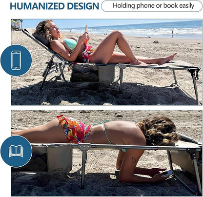 Tanning Chair with Face Hole, Adjustable Folding Chaise Lounge Chairs for Outside with Detachable Pillow & Pocket，Portable flat beach chairs for sunbathing, beach lawns camping (Deep Grey, Standard)