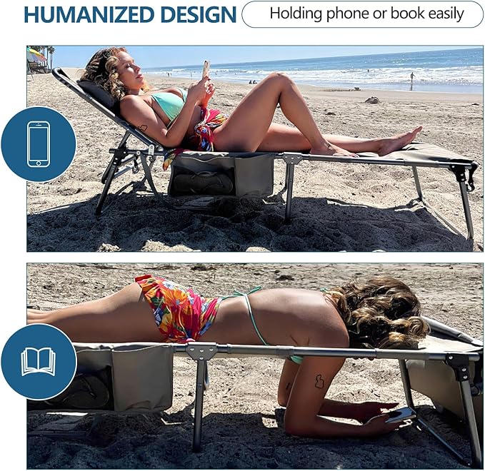 Tanning Chair with Face Hole, Adjustable Folding Chaise Lounge Chairs for Outside with Detachable Pillow & - Photo 6