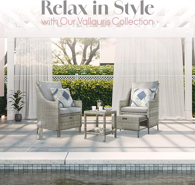 Elle Decor Vallauris Patio Outdoor Furniture Collection, Premium All Weather Wicker, 5 Piece Non-Reclining Set, Gray - Photo 2