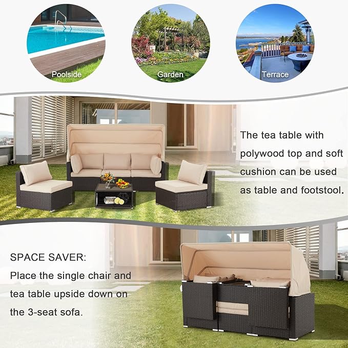 Vicluke 6 Pieces Patio Furniture Sets Outdoor Sectional Sofa Set Rattan Daybed with Retractable Canopy - Photo 7