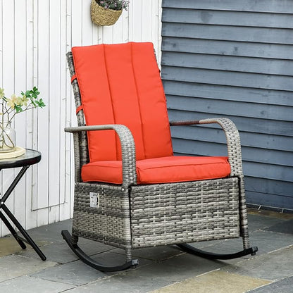 Outsunny Wicker Outdoor Rocking Chair, Patio Recliner with Adjustment Backrest, PE Rattan Lounge Chair with Adjustable Footrest and Cushions for Garden, Backyard, Porch, Red