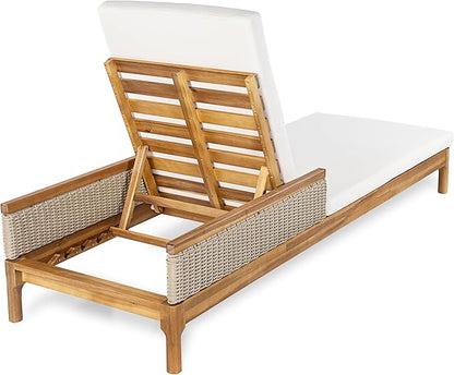 Christopher Knight Home Kanmy 76.8'' Acacia Wood Chaise Lounge Outdoor with Cushion, Patio Recliner Chair with 4-Position Adjustable Backrest, Sun Lounger with Wicker Accent, Beige+Light Grey+Natural