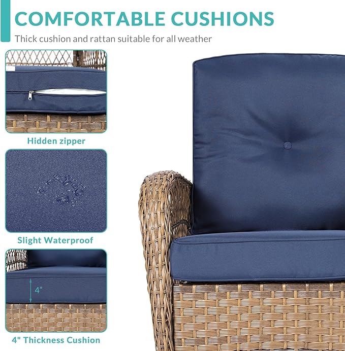 MEETWARM Outdoor Wicker Rocking Chair, Rattan Patio Rocker Chairs with Cushions and High Back, All-Weather Patio Wicker Chair with Safe Rocking Design for Garden Backyard Porch, Brown/Navy Blue