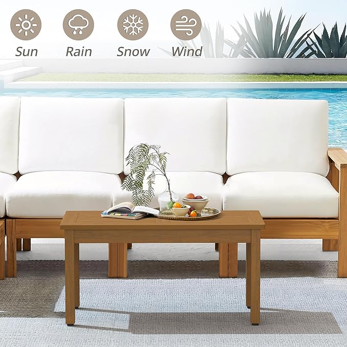 LUE BONA Outdoor Coffee Table Rectangle, 42.5" HDPS Patio Coffee Tables for Outside, All Weather Patio Coffee Table with Slatted Tabletop for Deck, Garden, Balcony, Indoor or Outdoor Use, Teak
