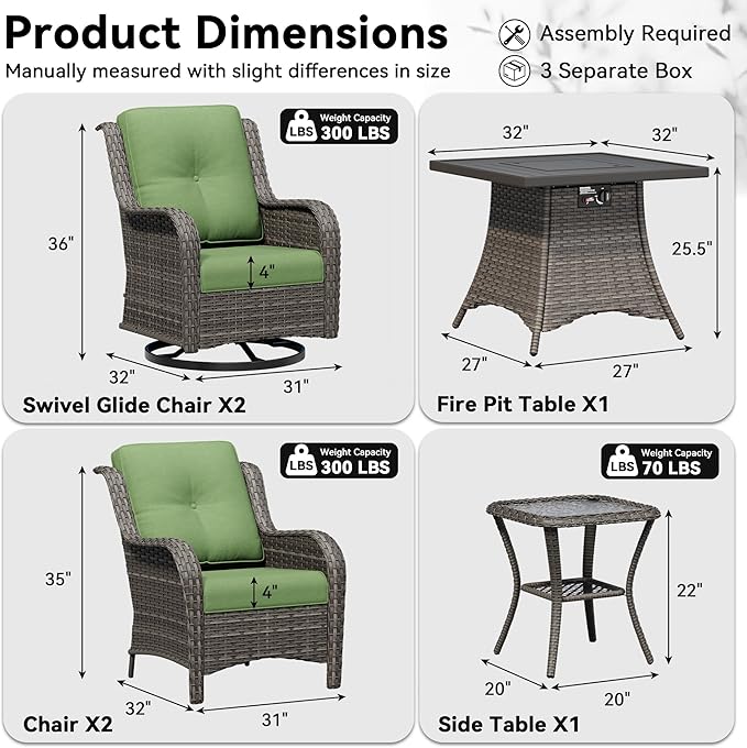 6 Pieces Outdoor Wicker Patio Furniture Set with Fire Pit Table, Patio Chair Set with Thickened Olefin Cushions - Photo 2