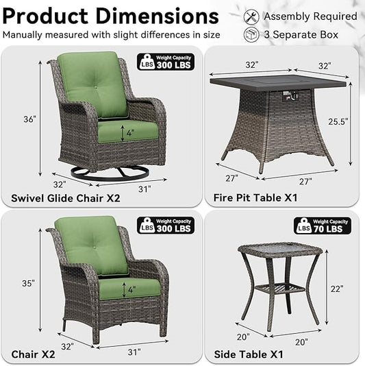 6 Pieces Outdoor Wicker Patio Furniture Set with Fire Pit Table, Patio Chair Set with Thickened Olefin Cushions, High Back and Deep Seating, Hand-Woven PE Rattan for Porch, Deck