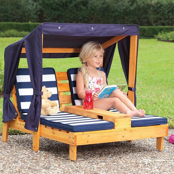 KidKraft Wooden Outdoor Double Chaise Lounge with Cup Holders, Kid's Patio Furniture - Photo 2