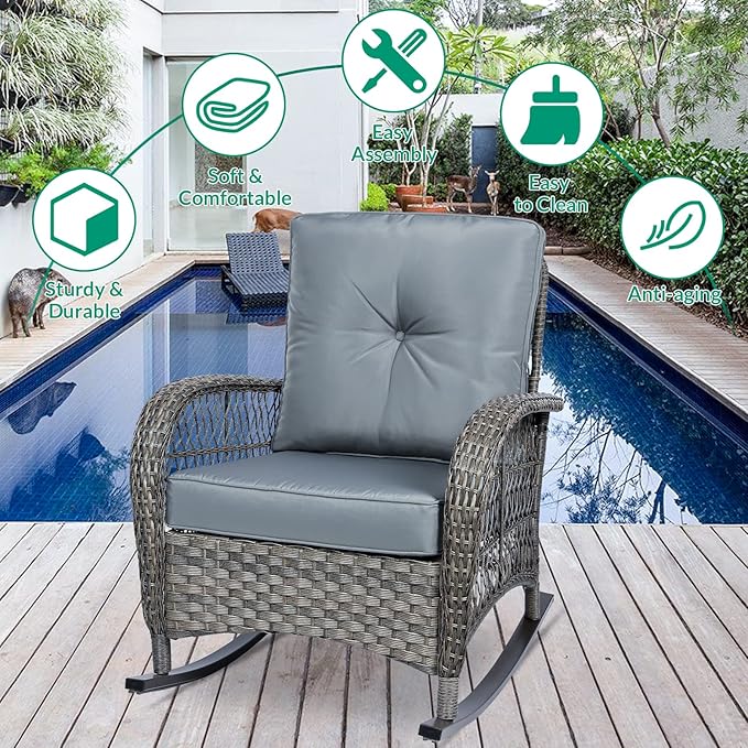 VIVIJASON Outdoor Wicker Rocking Chair, Patio Rattan Rocker Chair with Cushions & Steel Frame, All-Weather Rocking Lawn Wicker Furniture for Garden Backyard Porch (Grey)