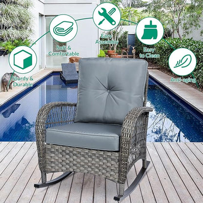 VIVIJASON Outdoor Wicker Rocking Chair, Patio Rattan Rocker Chair with Cushions & Steel Frame, All-Weather Rocking Lawn Wicker Furniture for Garden Backyard Porch (Grey)