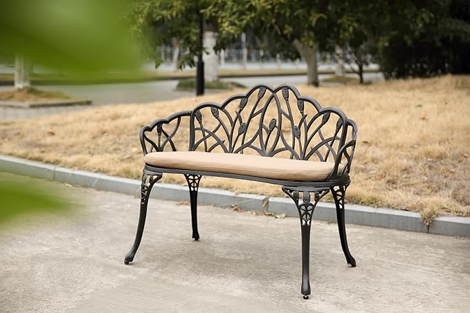 Tulip Patio Garden Bench Metal Park Bench Cast Aluminum Outdoor Furniture with Floral Rose for Patio,Park,Lawn,Yard Black Withe Cushion