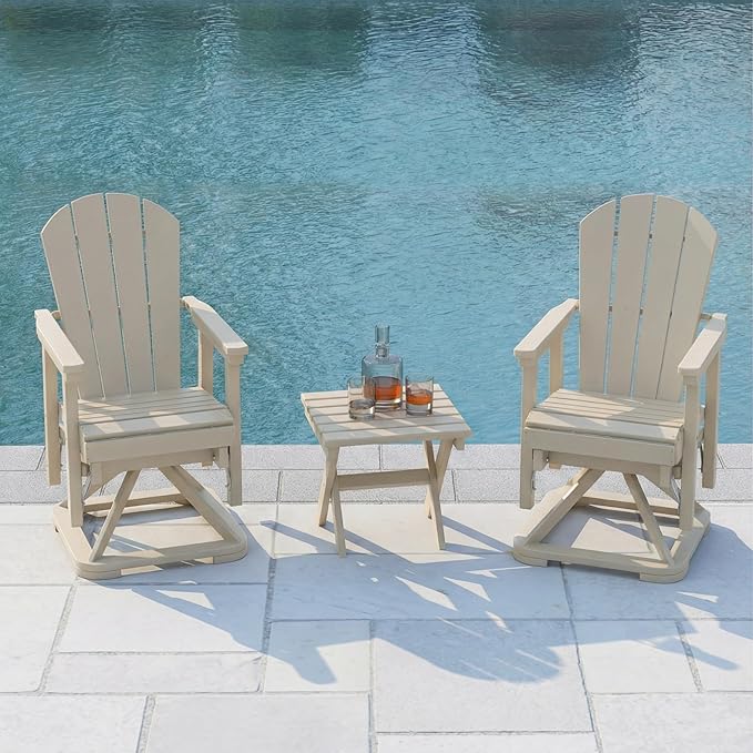 HDPE Swivel Glider Chair Set of 2 with Folding Side Table, Wooden Textured Adirondack Outdoor Swivel Chairs for Porch, Balcony, Poolside, Backyard (White)