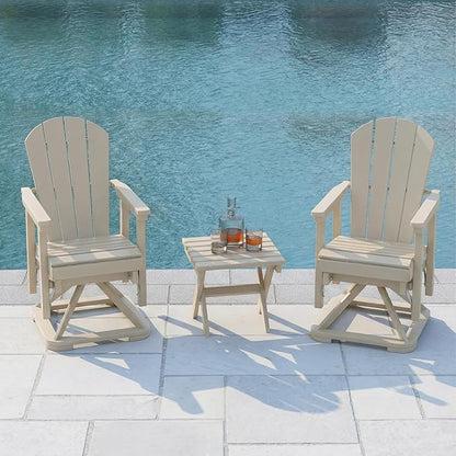HDPE Swivel Glider Chair Set of 2 with Folding Side Table, Wooden Textured Adirondack Outdoor Swivel Chairs for Porch, Balcony, Poolside, Backyard (White)