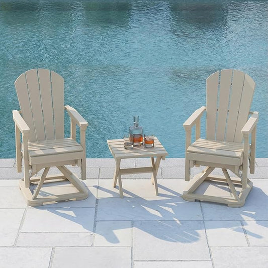 HDPE Swivel Glider Chair Set of 2 with Folding Side Table, Wooden Textured Adirondack Outdoor Swivel Chairs for Porch, Balcony, Poolside, Backyard (White)